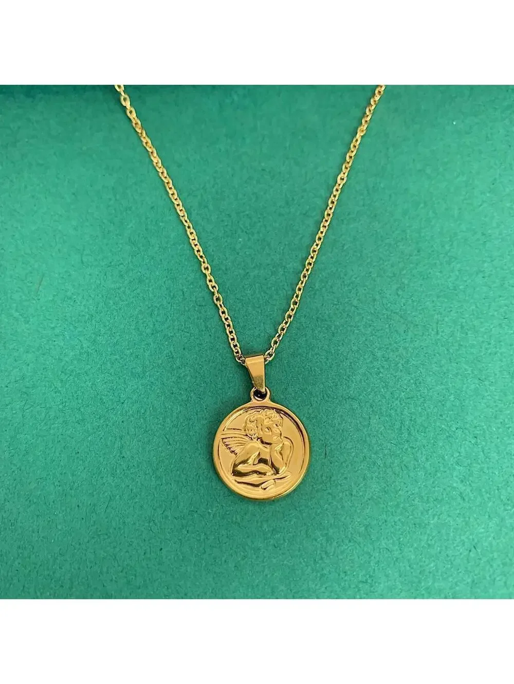 Cute Baby Angel Stainless Steel Gold Plated Circle Pendant y2k 90s style